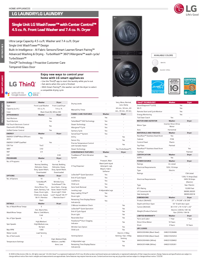 Page 1 de la notice Fiche technique LG WKEX200HBA