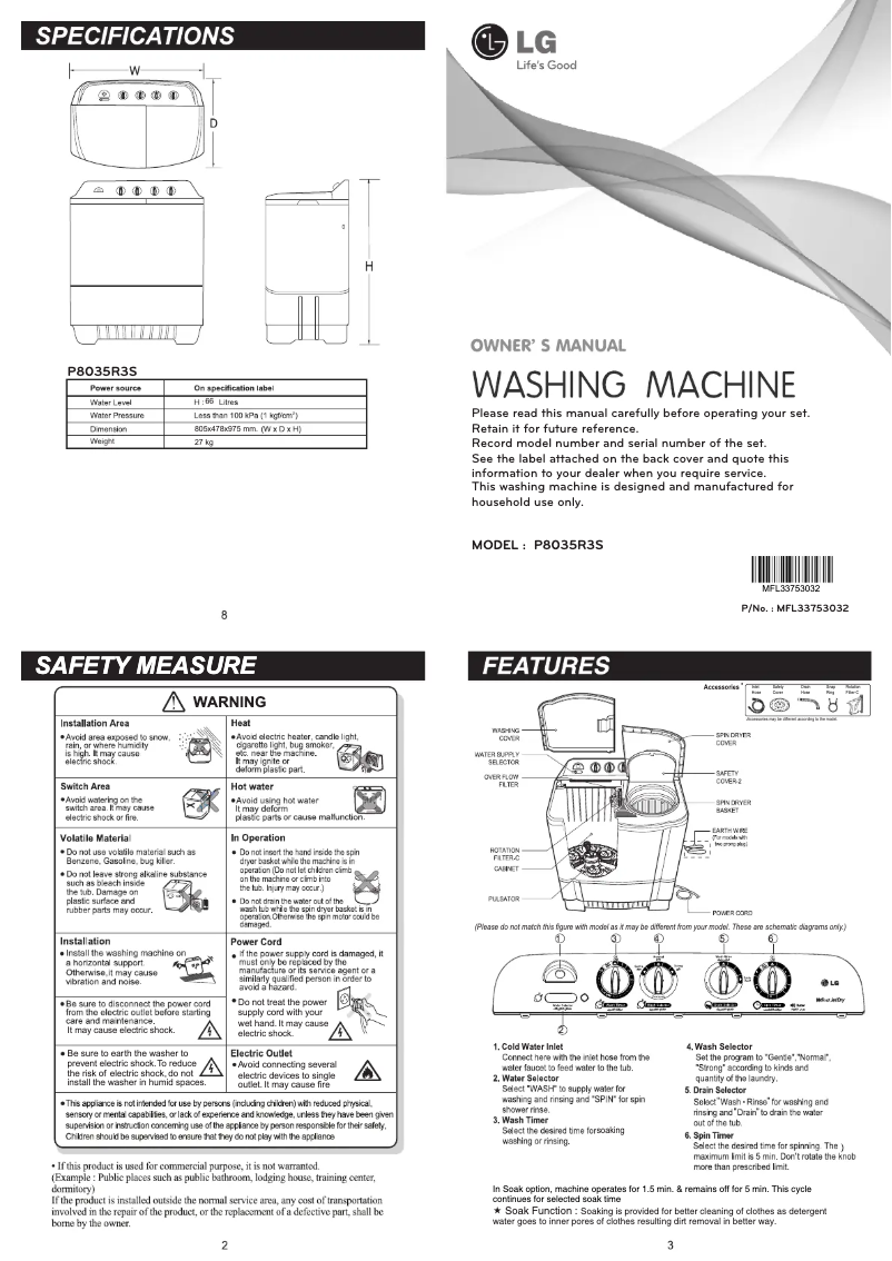 Page 1 de la notice Manuel utilisateur LG P8035R3S
