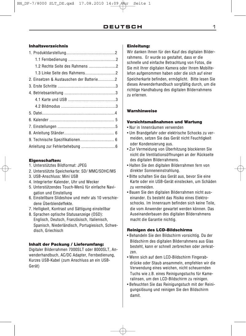 Page n°1 - Manuel utilisateur Braun Digiframe 7000SLT
