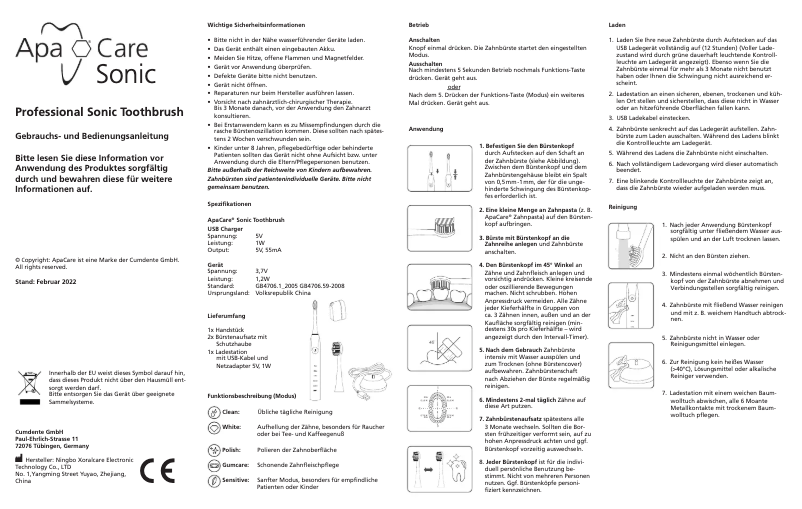 Page 1 de la notice Manuel utilisateur APA CARE Sonic Professional