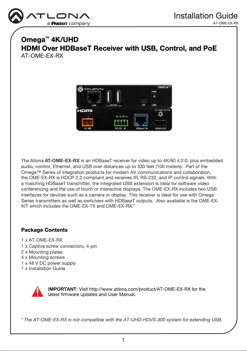 Page 1 de la notice Manuel utilisateur Atlona AT-OME-EX-RX