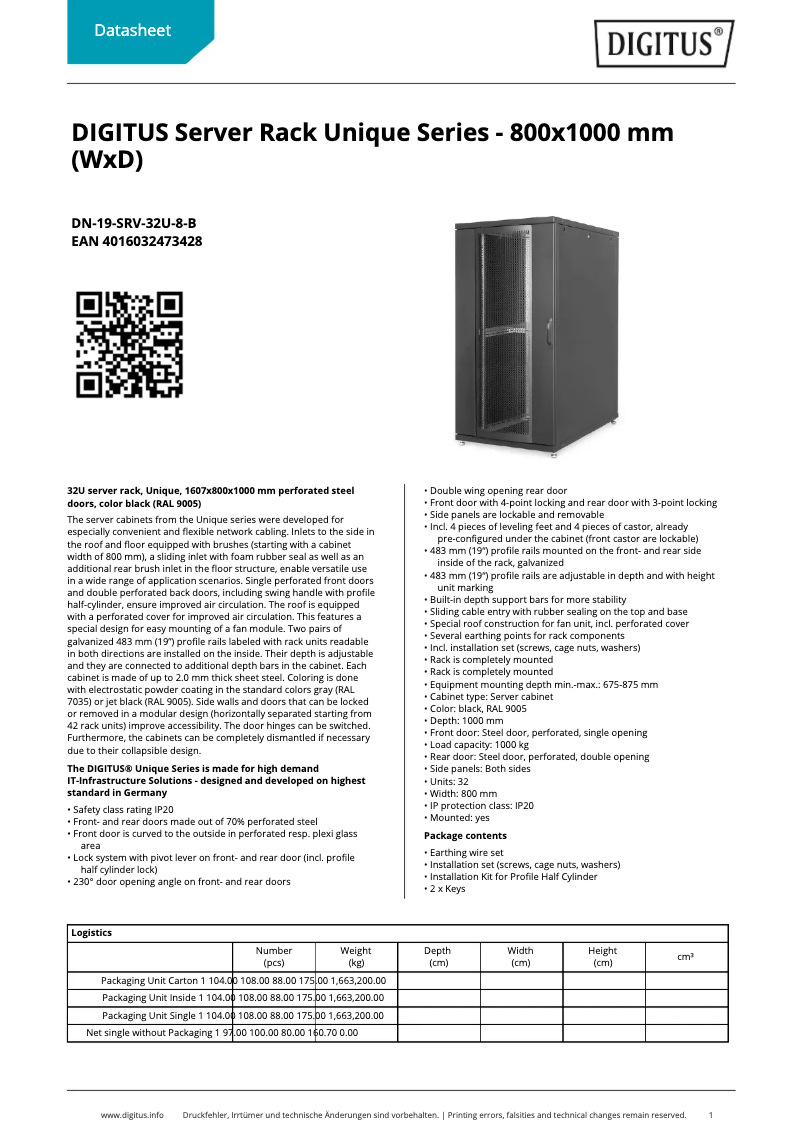 Page 1 de la notice Fiche technique Digitus DN-19-SRV-32U-8-B