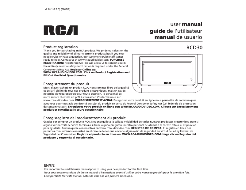 Page 1 de la notice Manuel utilisateur RCA RCD30