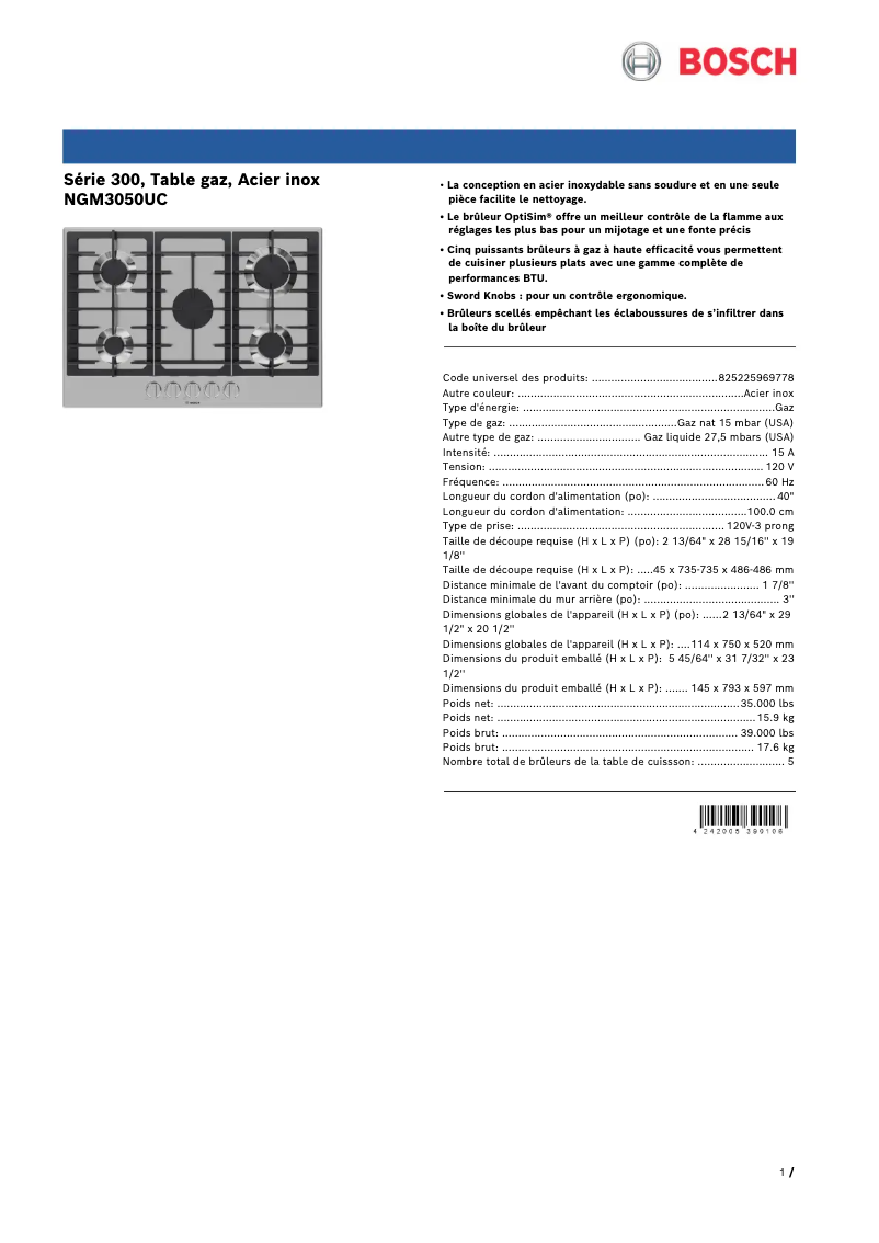 Página 1 del manual Ficha técnica Bosch NGM3050UC