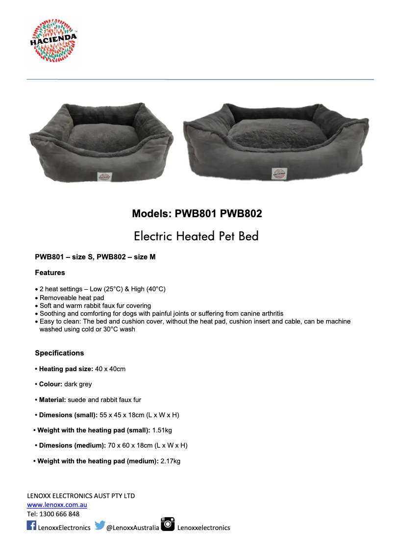 Page 1 de la notice Fiche technique Hacienda PWB801