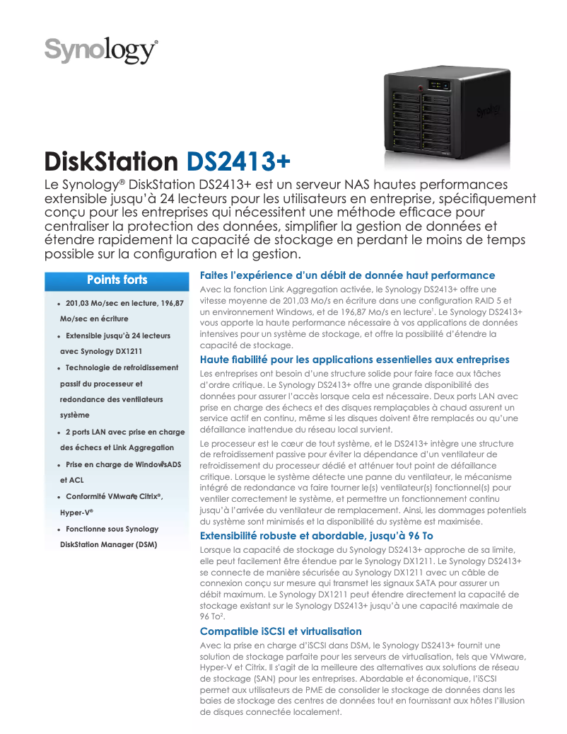 Page 1 de la notice Fiche technique Synology DS2413+