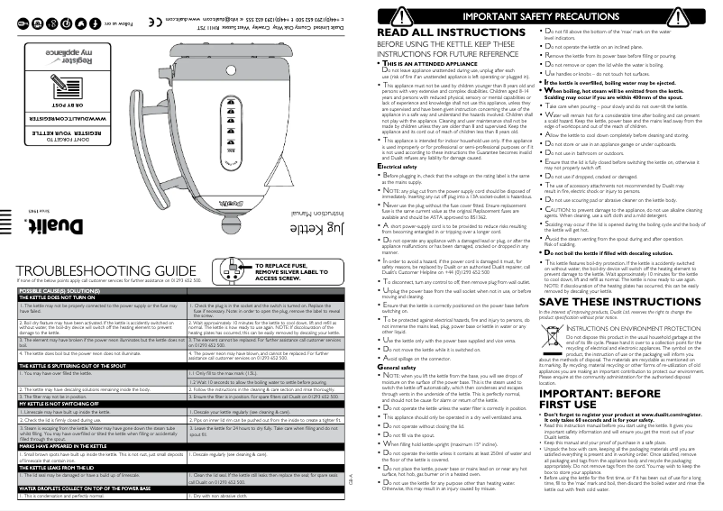 Page 1 de la notice Manuel utilisateur Dualit Jug Kettle