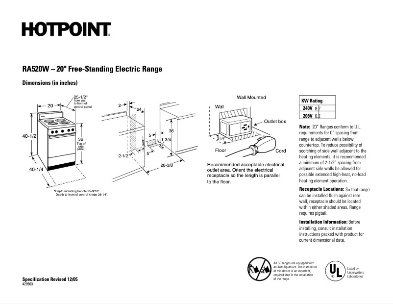 Page 1 de la notice Fiche technique Hotpoint RA520WWH