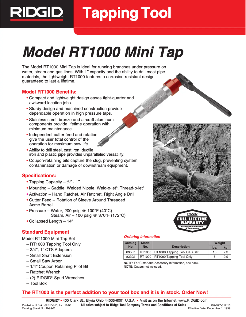 Página 1 del manual Catálogo Ridgid RT1000