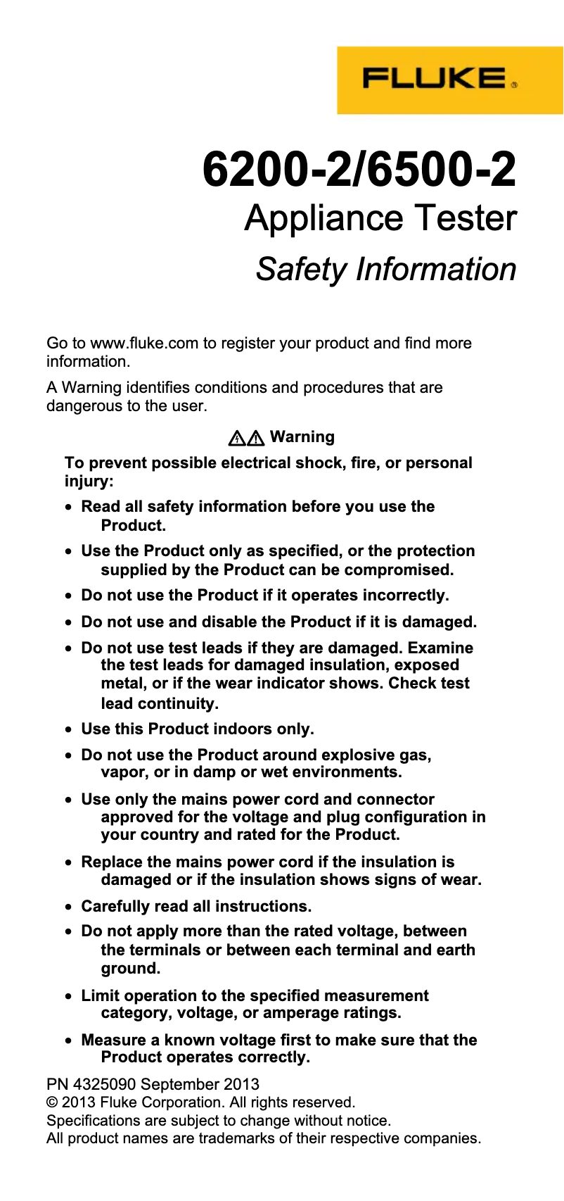 Page n°1 - Instructions de sécurité Fluke 6500-2