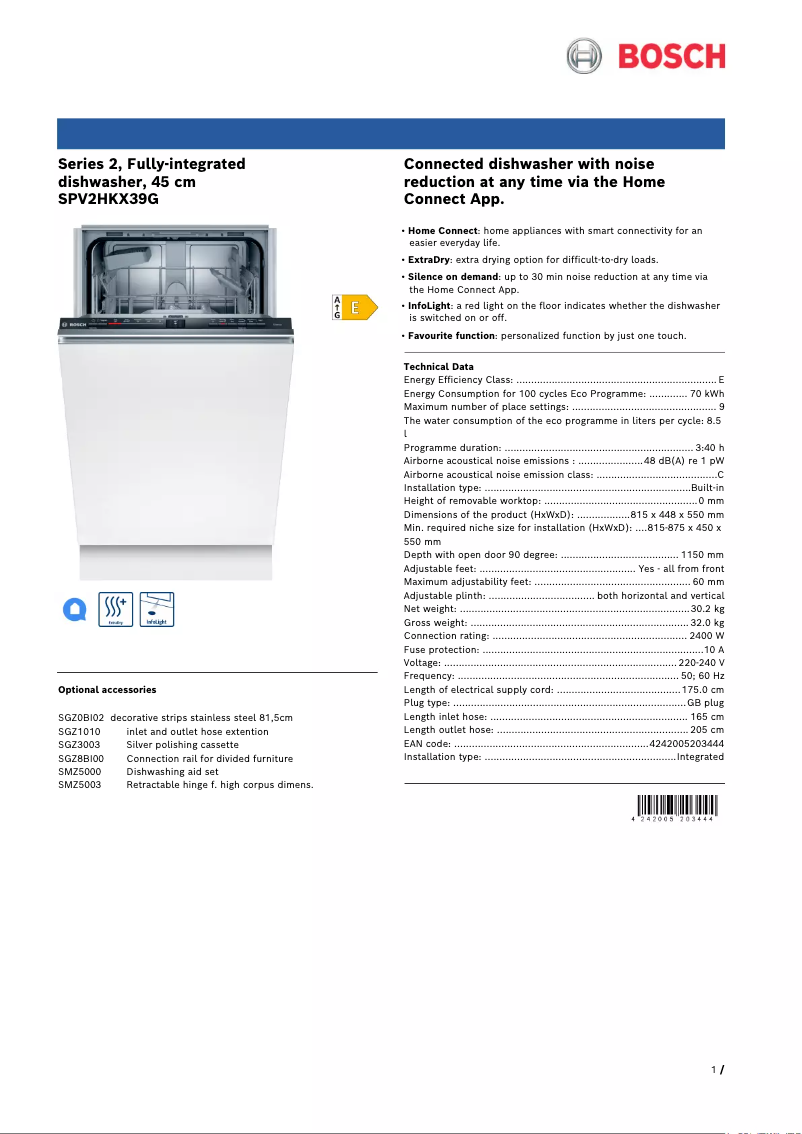 Page n°1 - Fiche technique Bosch SPV2HKX39G