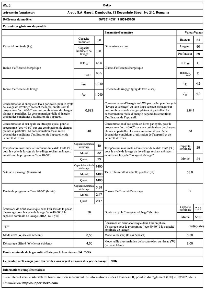 Page 1 de la notice Fiche technique Beko 5W8514CH1