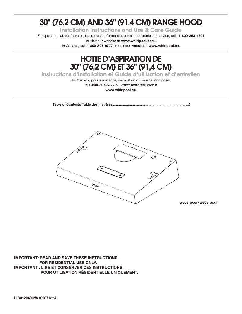 Page 1 de la notice Guide d'installation Whirlpool WVU37UC6FS