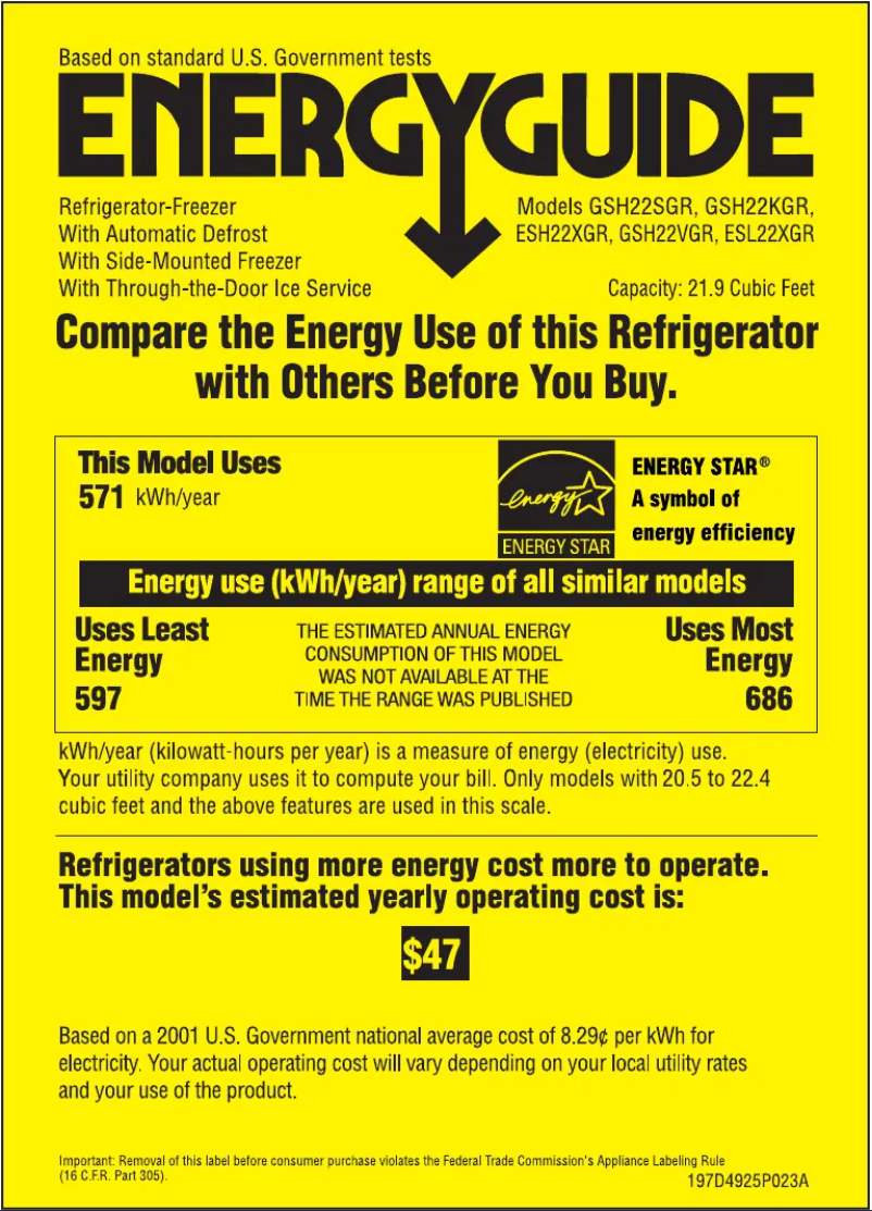 Page n°1 - Label énergétique GE GSH22KGRBB