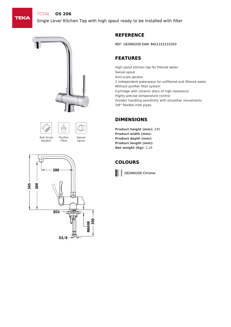 Page 1 de la notice Fiche technique Teka OS 206