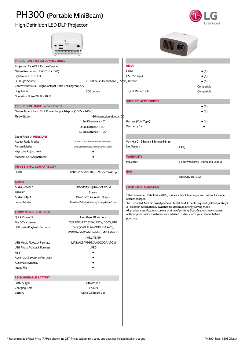 Page 1 de la notice Fiche technique LG PH300