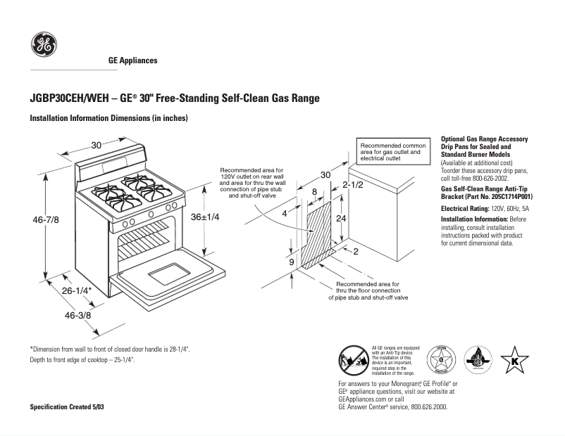 Page 1 of the manual Technical Sheet GE JGBP30CEHCC