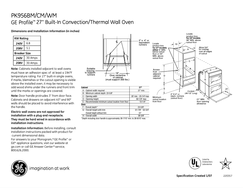 Página 1 del manual Ficha técnica GE Profile PK956BMBB