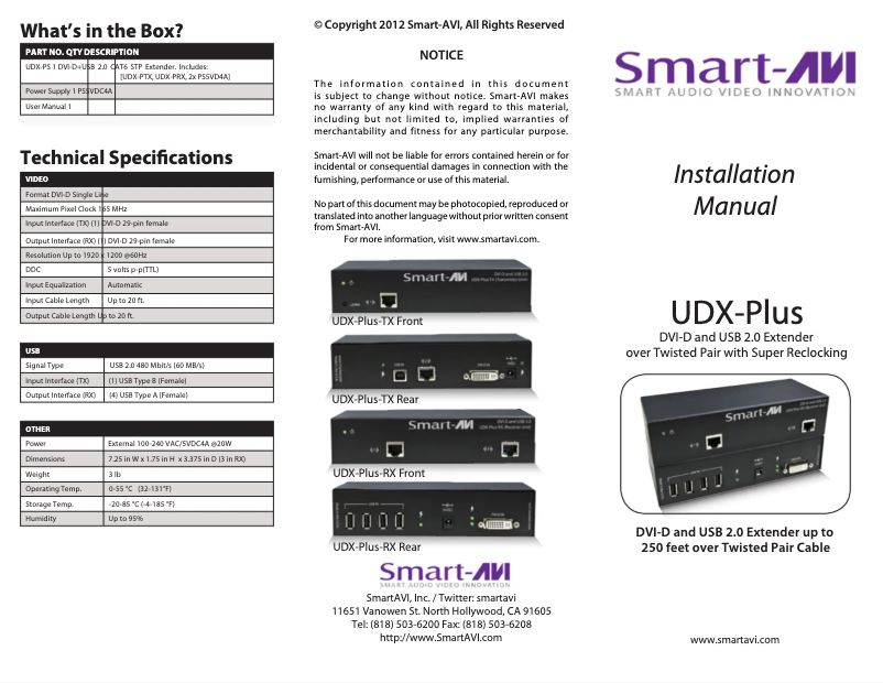 Page 1 de la notice Manuel utilisateur Smart-AVI UDX-PTX