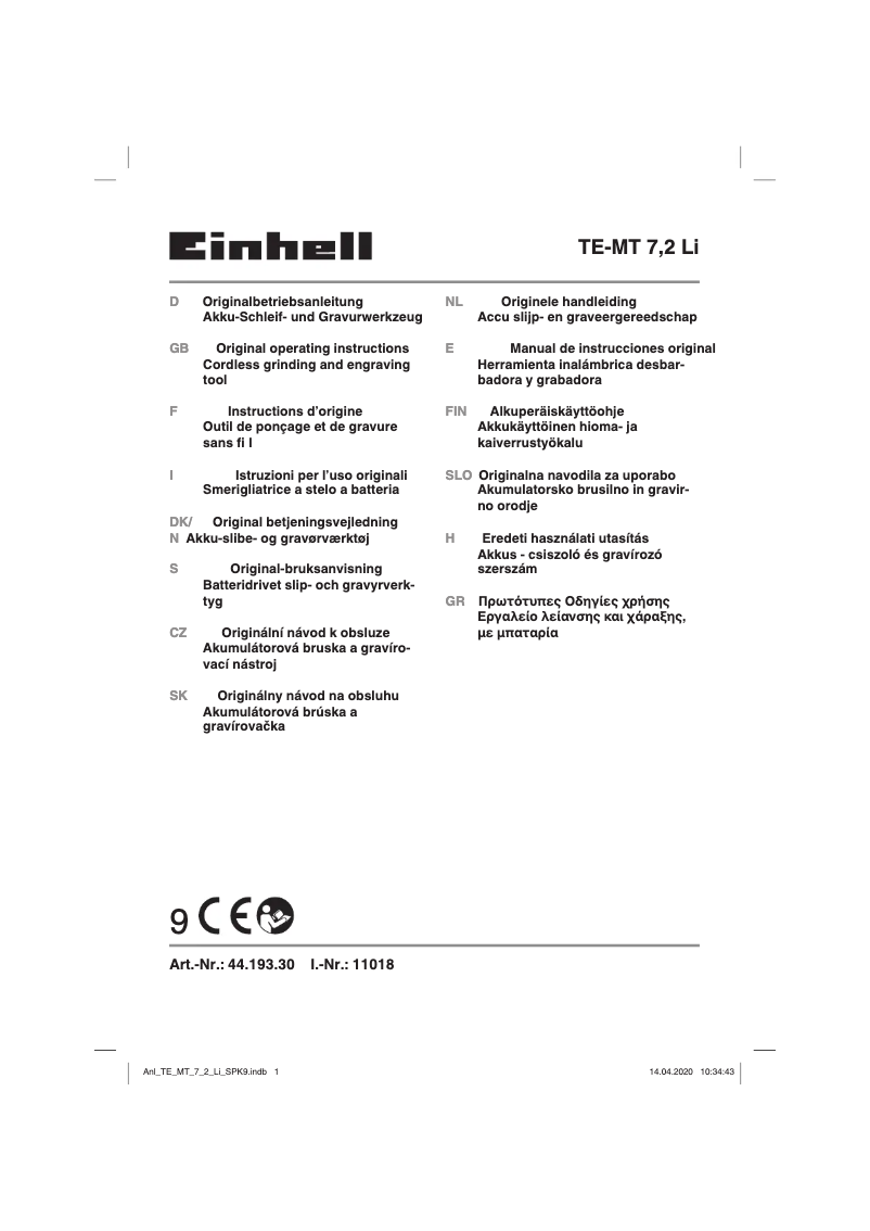 Page 1 de la notice Manuel utilisateur Einhell TE-MT 7,2 Li