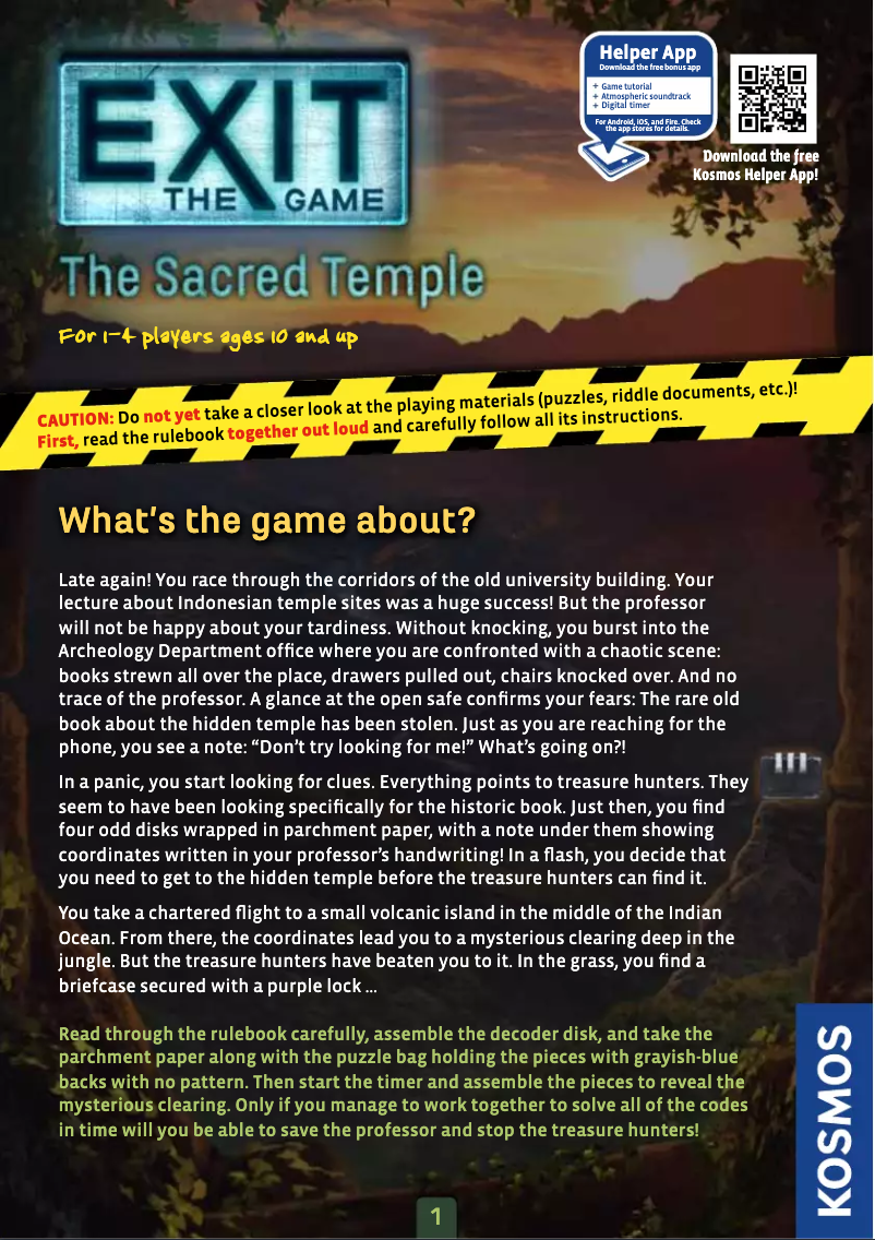 Page 1 de la notice Manuel utilisateur Thames & Kosmos EXIT: The Sacred Temple (with Jigsaw Puzzles)