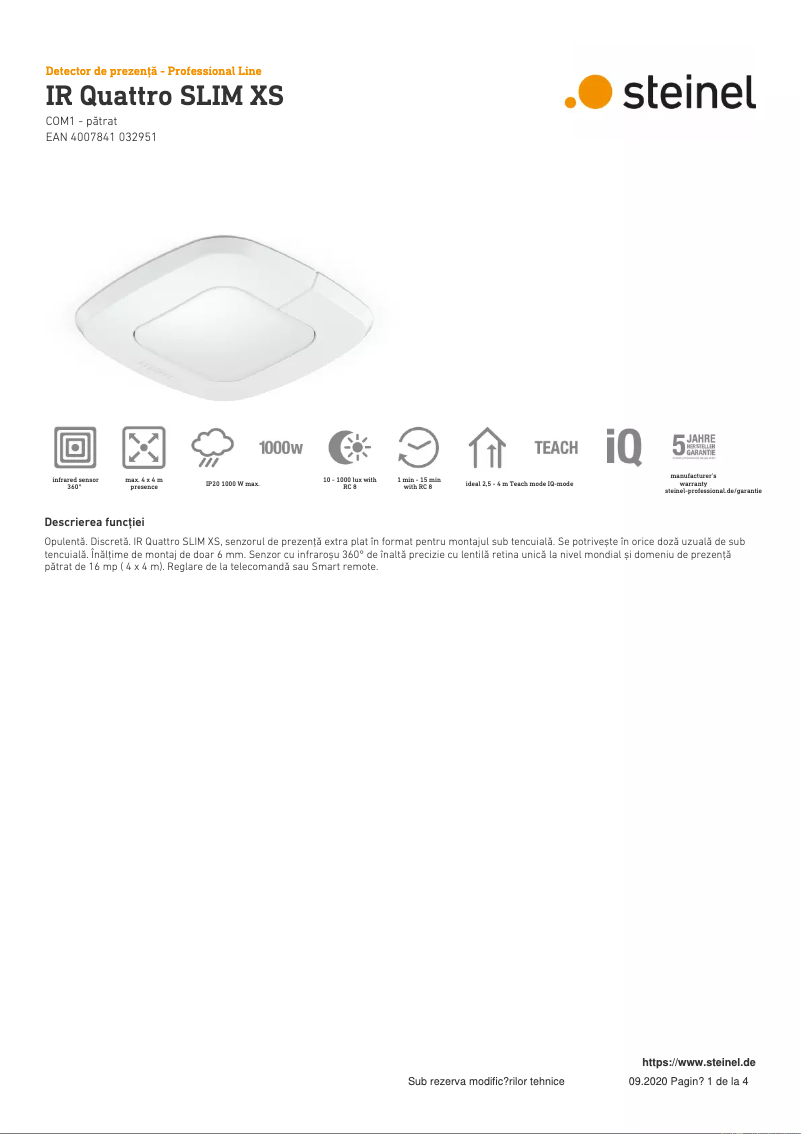 Page 1 de la notice Fiche technique Steinel IR Quattro Slim XS COM1