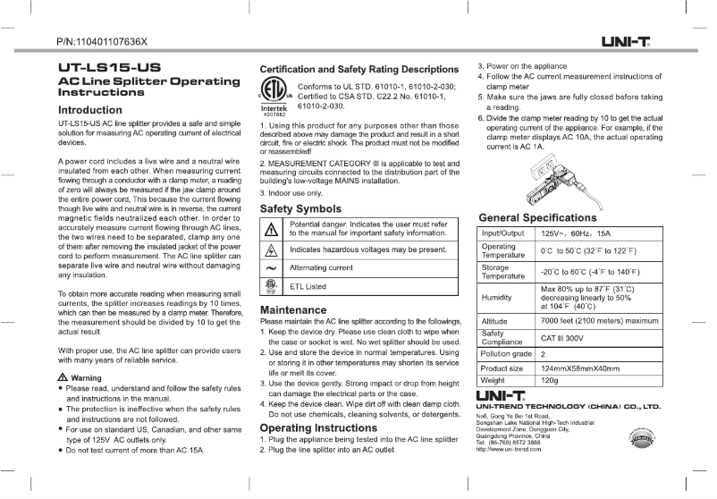 Page n°1 - Manuel utilisateur Uni-T UT-LS15-US