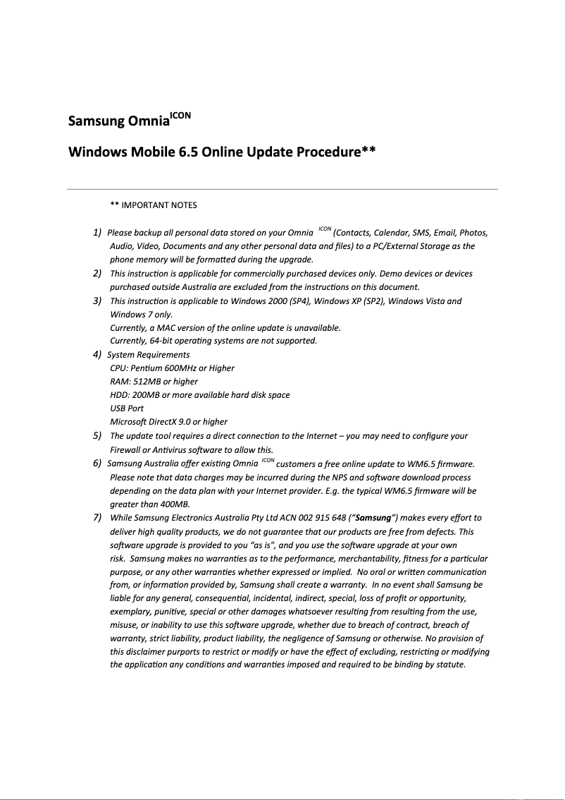 Page 1 de la notice Guide d'installation Samsung Omnia II