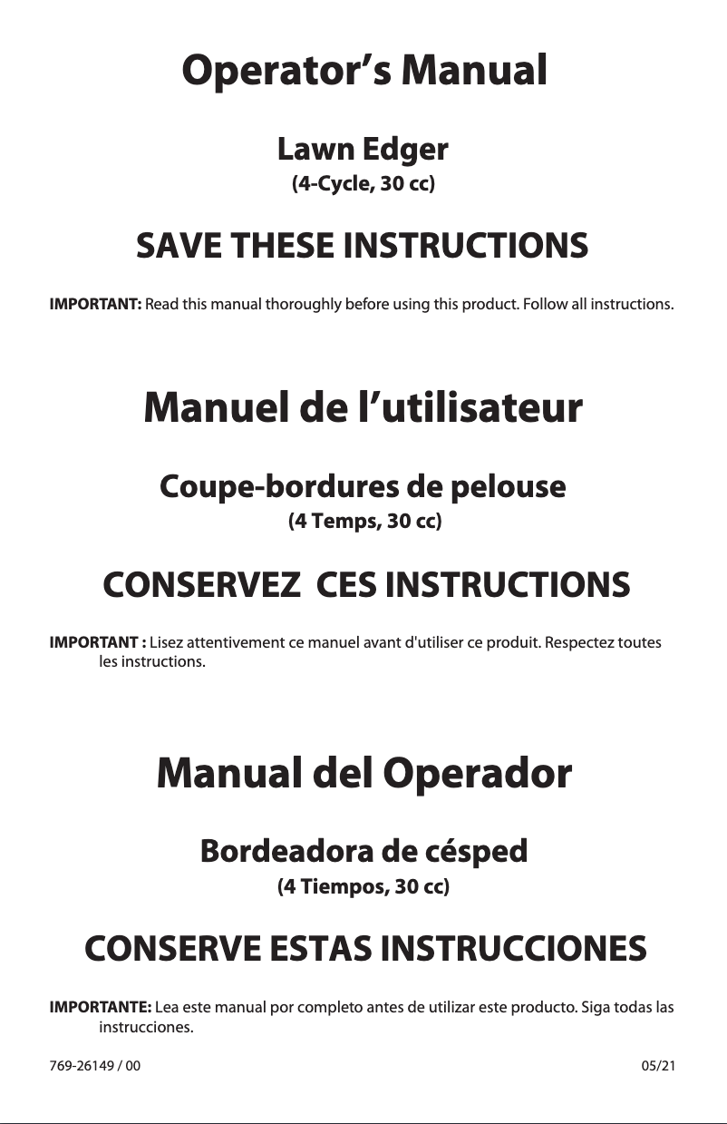 Page 1 de la notice Manuel utilisateur Troy-Bilt TBE304