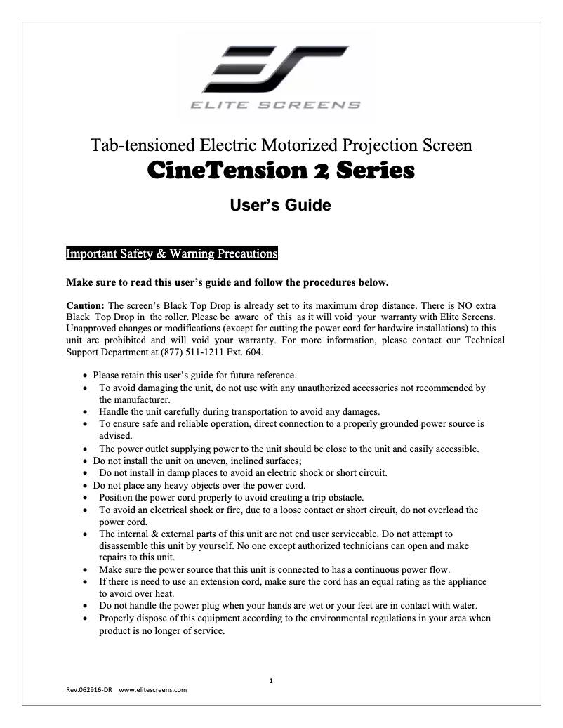 Page n°1 - Manuel utilisateur Elite Screens CineTension 2 TE84