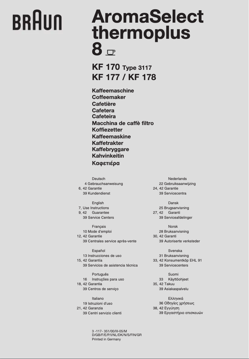 Page 1 de la notice Manuel utilisateur Braun AromaSelect KF 177 