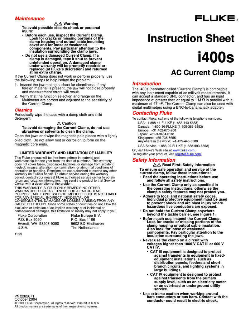 Page 1 de la notice Instructions / montage Fluke i400s