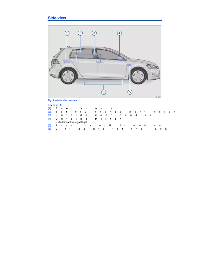 Image de la première page du manuel de l'appareil e-Golf (2015)