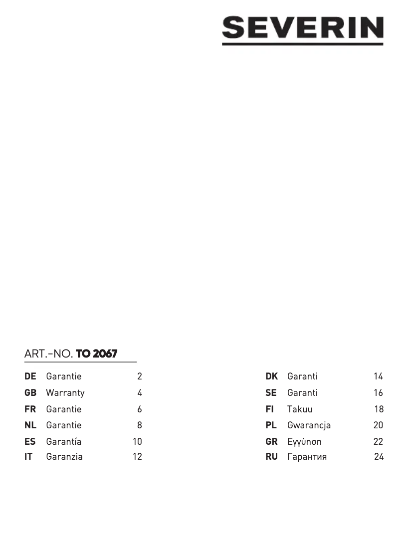 Page n°1 - Informations de garantie Severin TO 2067