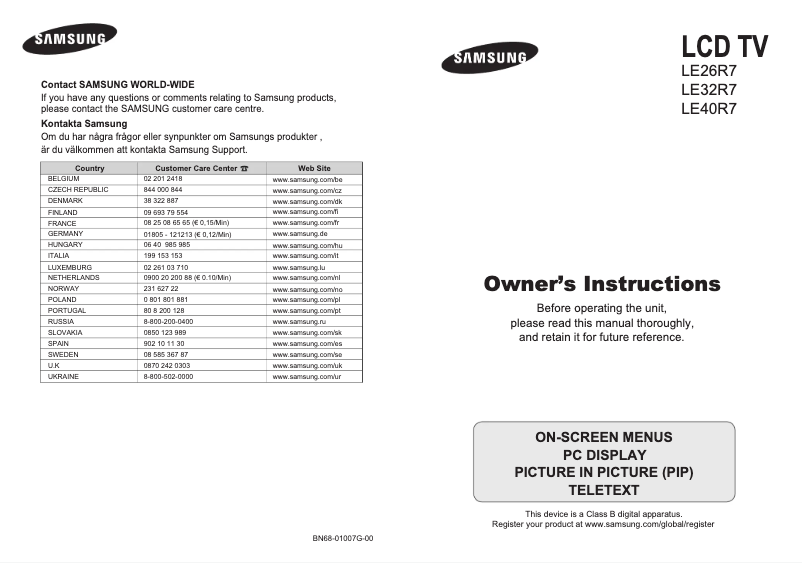 Page 1 de la notice Manuel utilisateur Samsung LE26R77BD