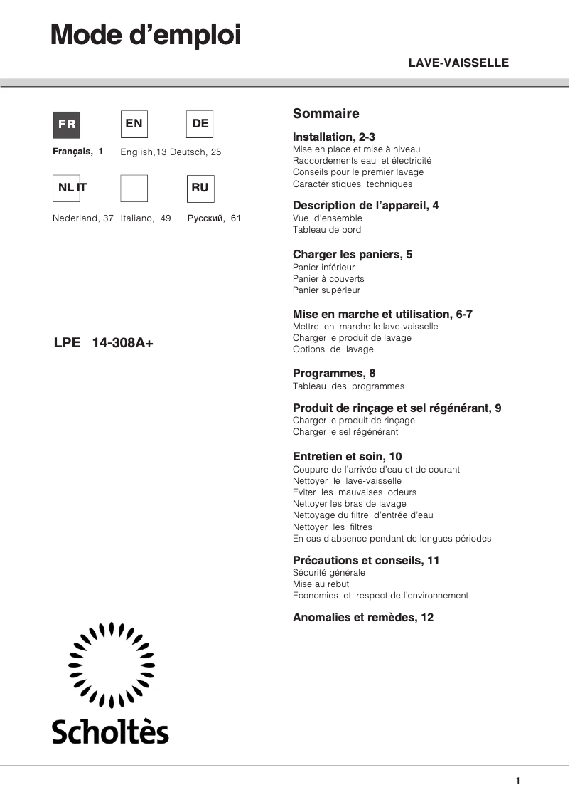 Page 1 de la notice Manuel utilisateur Scholtès LPE 14-308