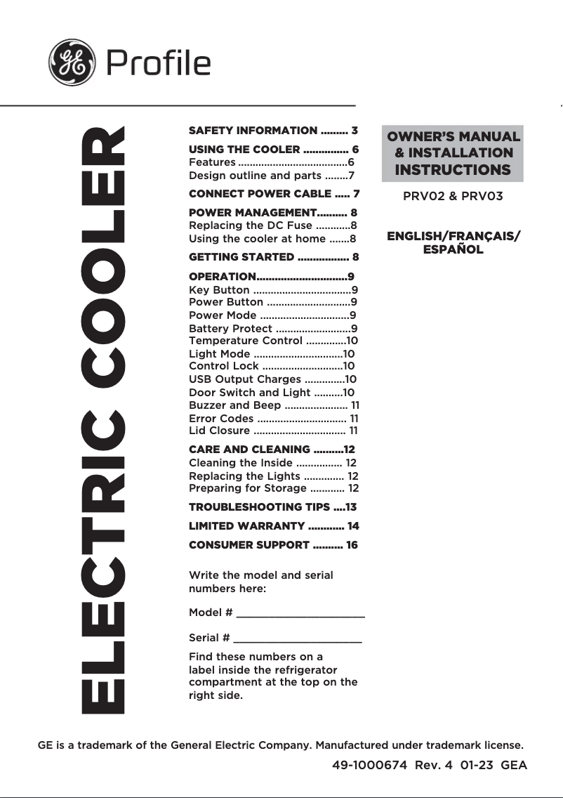 Image de la première page du manuel de l'appareil Profile PRV03ATTBB