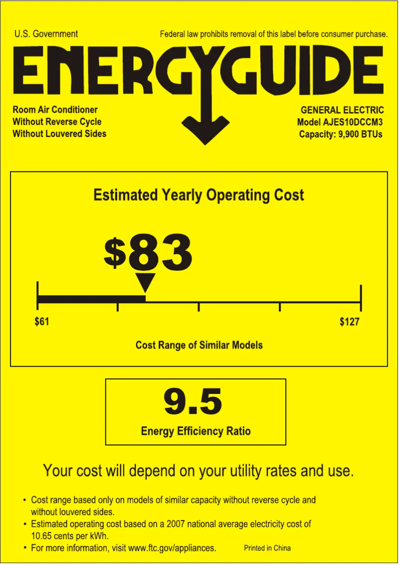 Page 1 de la notice Label énergétique GE AJES10DCC
