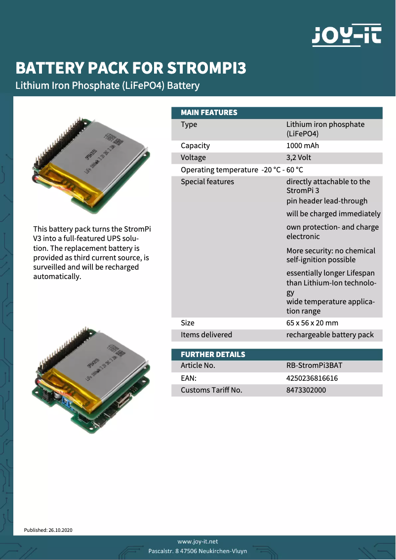 Página 1 del manual Ficha técnica Joy-It RB-StromPI3BAT