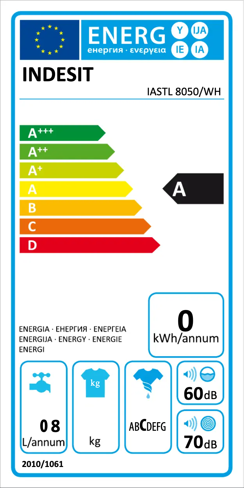 Page 1 de la notice Label énergétique Indesit IASTL 8050/WH
