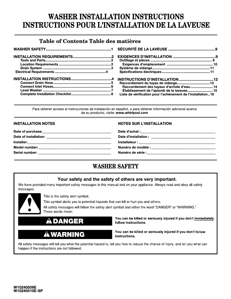 Page n°1 - Guide d'installation Whirlpool WTW4950HW