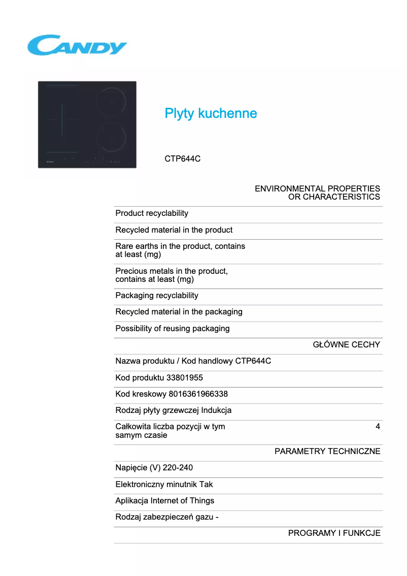 Page 1 de la notice Fiche technique Candy CTP644C