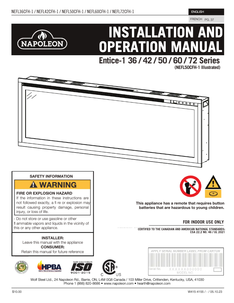 Page n°1 - Manuel utilisateur Napoleon Entice NEFL36CFH-1
