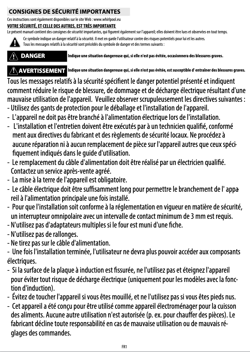 Page 1 de la notice Manuel utilisateur Whirlpool AKP 745