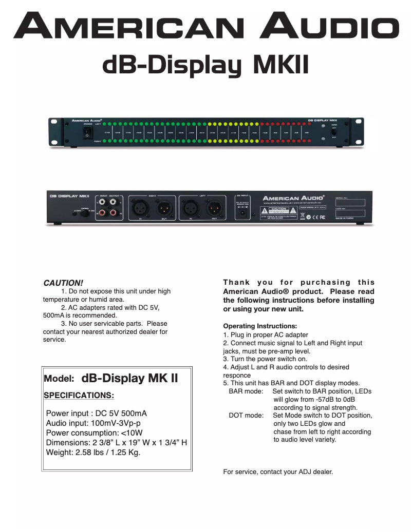 Page 1 de la notice Manuel utilisateur American Audio DB Display MKII