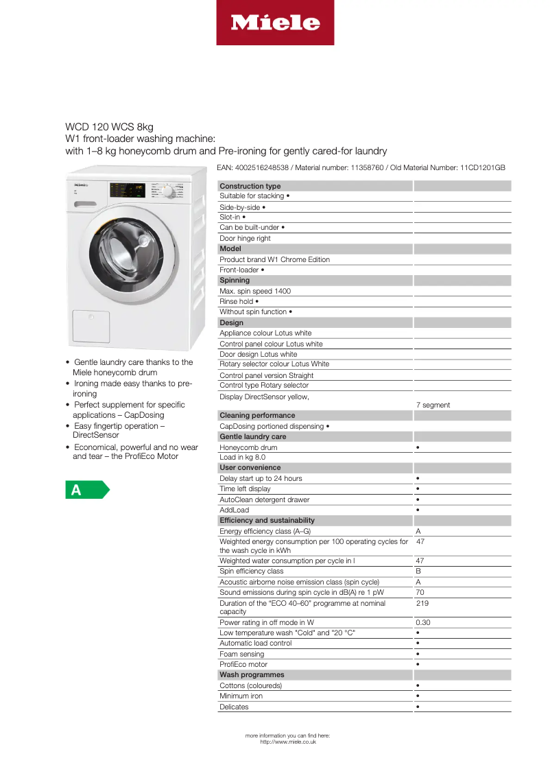 Page n°1 - Fiche technique Miele WCD 120 WCS