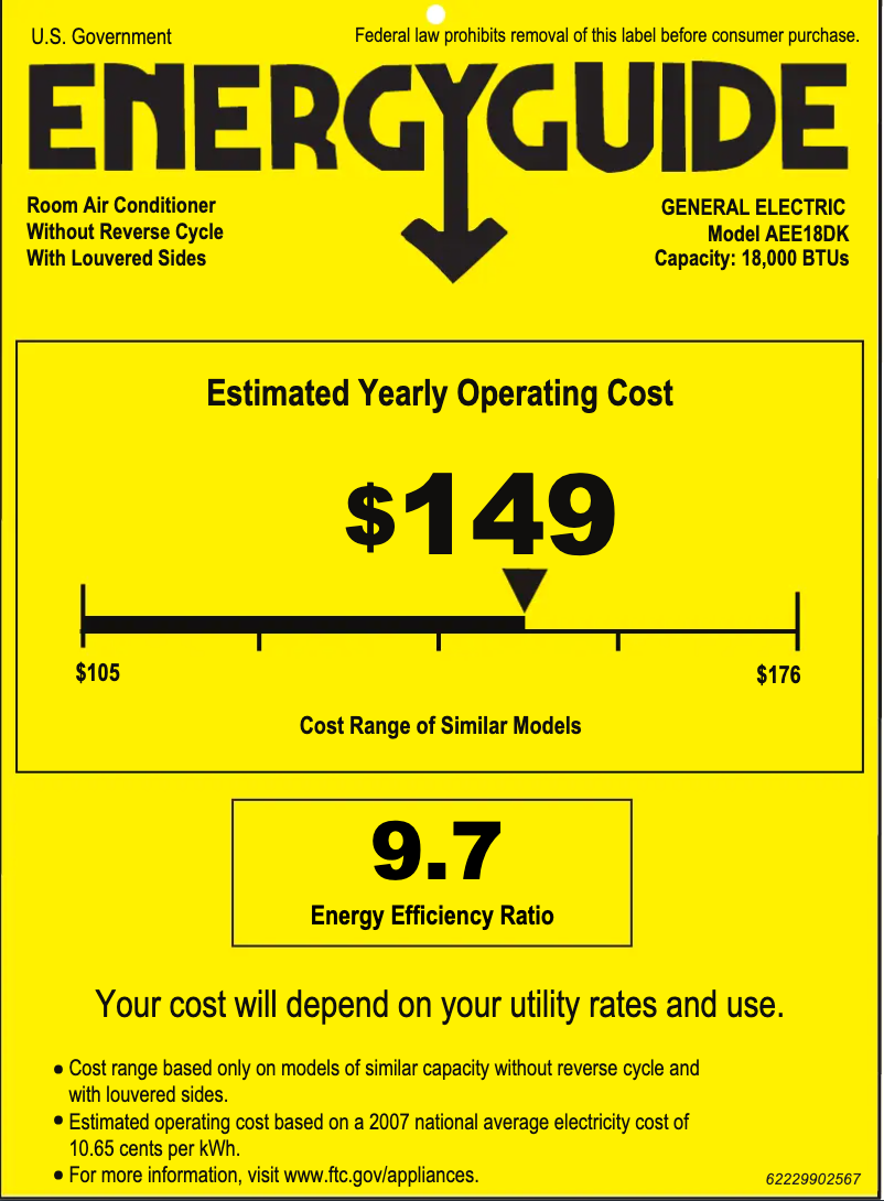 Page 1 de la notice Label énergétique GE AEE18DK
