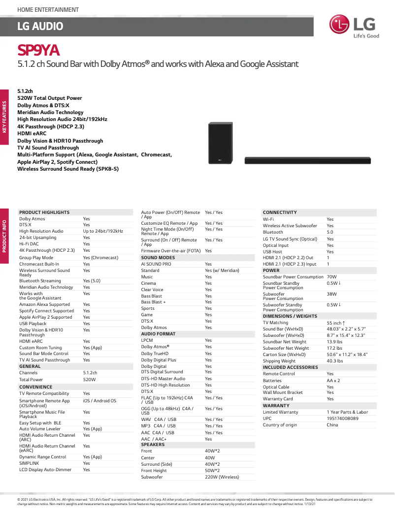 Page 1 de la notice Fiche technique LG SP9YA