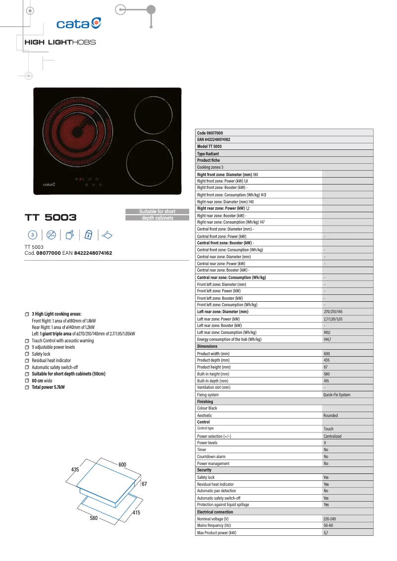 Page 1 de la notice Fiche technique CATA TT 5003