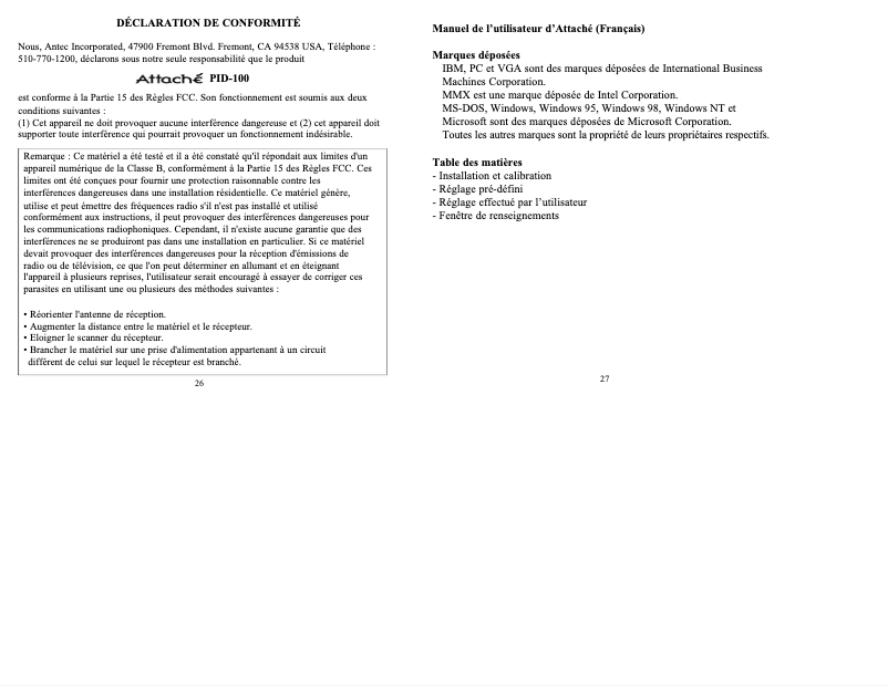 Page 1 de la notice Manuel utilisateur Antec Attache PID-100